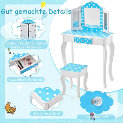 2 in 1 children's dressing table with stool & triple folding mirror & drawer dot blue