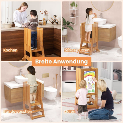 2 in 1 children's learning tower with double-sided board &amp; 3 adjustable heights kitchen stool step stool natural