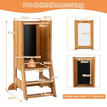 2 in 1 children's learning tower with double-sided board &amp; 3 adjustable heights kitchen stool step stool natural