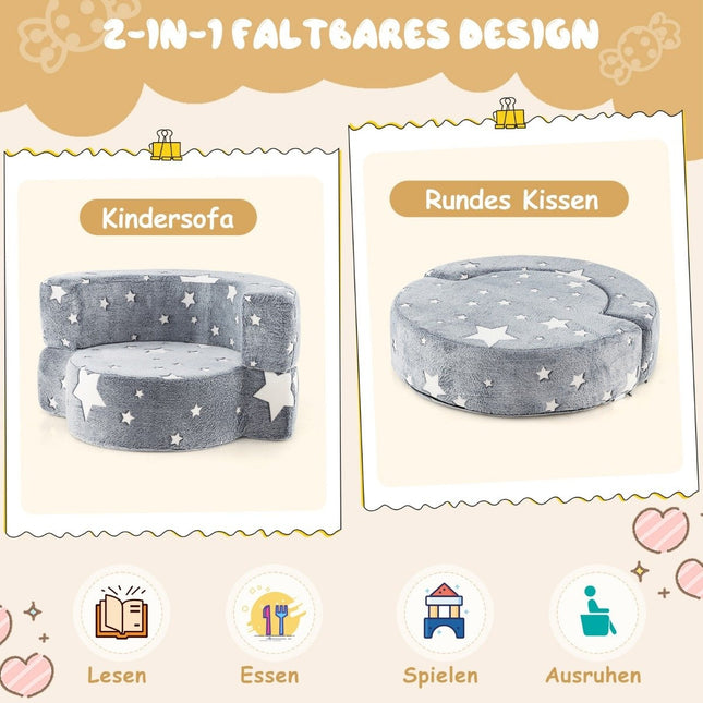 2 in 1 children's sofa round play sofa glowing in the dark children's couch upholstered with removable gray cover