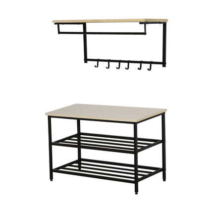 2-in-1 clothes hanger with bench, 6 hooks, natural and black