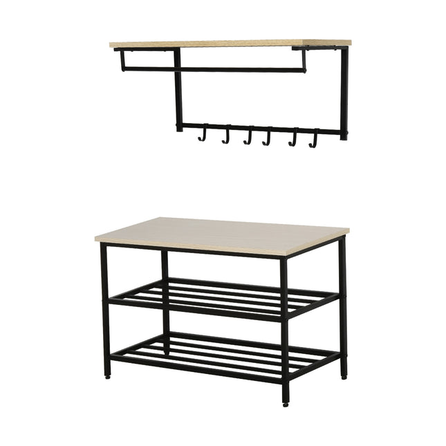 2-in-1 clothes hanger with bench, 6 hooks, natural and black