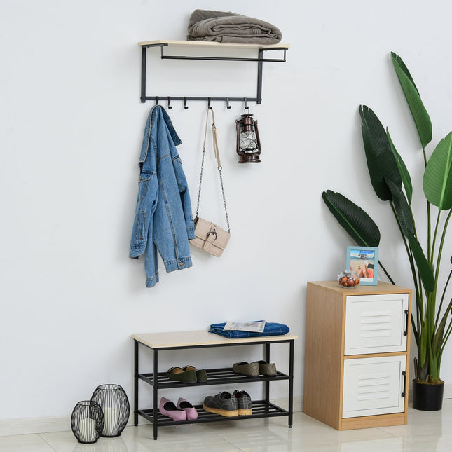 2-in-1 clothes hanger with bench, 6 hooks, natural and black