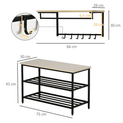 2-in-1 clothes hanger with bench, 6 hooks, natural and black