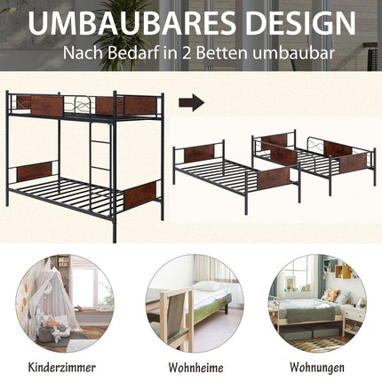2-in-1 convertible metal double bunk bed with ladder & anti-tip bunk bed 190 x 90 cm
