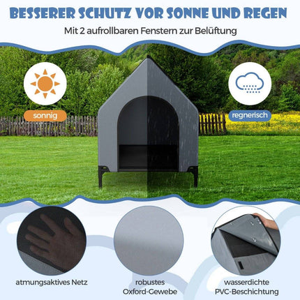 2 in 1 dog house &amp; Raised Dog Bed Dog Lounger Outdoor Pet House with Breathable Mesh Gray 64 x 91 x 86 cm