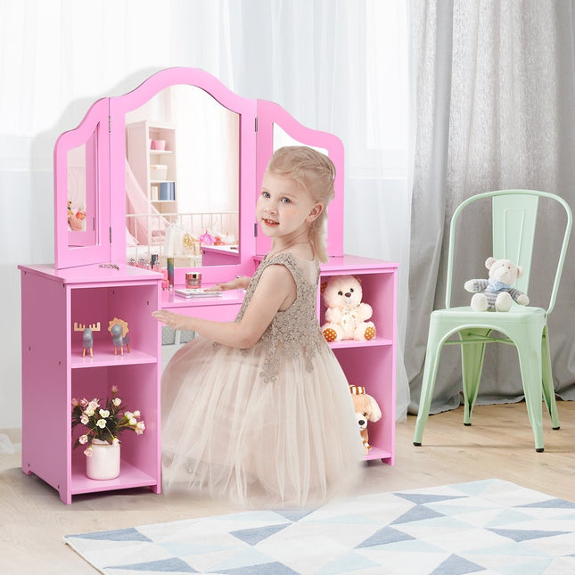 2 in 1 dressing table with removable mirror & open compartments made of wood for children from 3 years pink