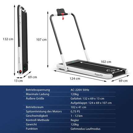 2-in-1 foldable treadmill with APP & remote control, mobile phone holder, LED display and speaker, white