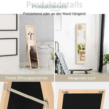 2 in 1 full-length mirror, standing mirror and wall mirror with wooden frame 37 x 155 cm natural