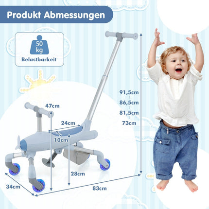 2-in-1 push car for children push car in airplane motif with LED illuminated wheels portable up to 50kg blue