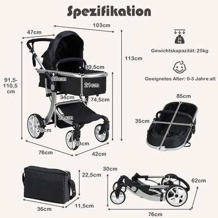 2 in 1 stroller foldable combination stroller with adjustable backrest black