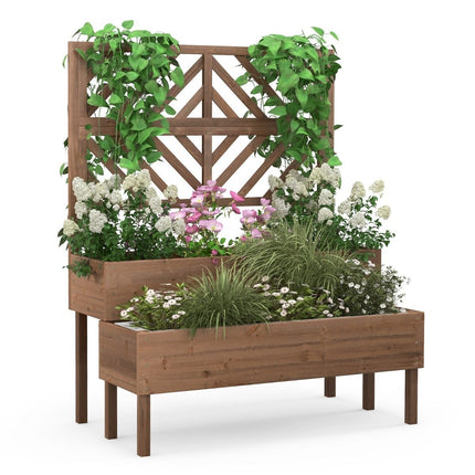 2-layer garden bed with trellis, wooden raised plant box with legs, drainage hole, plant container, brown