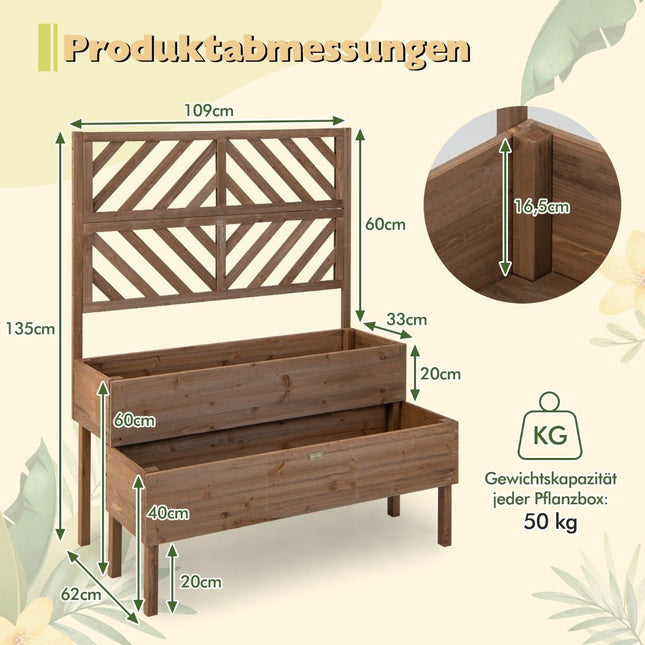 2-layer garden bed with trellis, wooden raised plant box with legs, drainage hole, plant container, brown