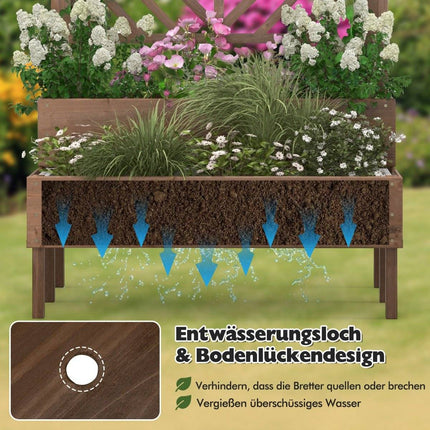 2-layer garden bed with trellis, wooden raised plant box with legs, drainage hole, plant container, brown