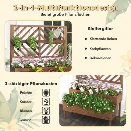 2-layer garden bed with trellis, wooden raised plant box with legs, drainage hole, plant container, brown