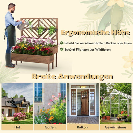 2-layer garden bed with trellis, wooden raised plant box with legs, drainage hole, plant container, brown