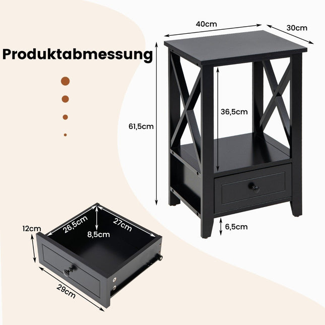 2 level bedside table with drawer side table wood 40 x 30 x 61.5cm black