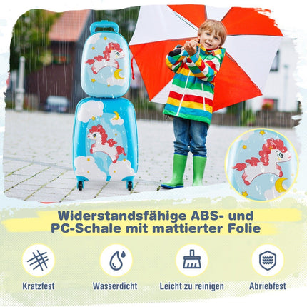 2-piece children's suitcase + backpack made of plastic children's trolley children's luggage 12"+16" blue horse