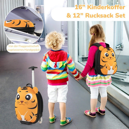 2-piece children's suitcase & backpack with wheels & 3-stage telescopic handle 12"+16" children's trolley Tiger