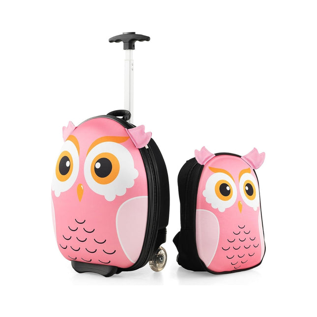 2-piece children's suitcase & backpack with wheels & 3-stage telescopic handle 12"+16" children's trolley owl