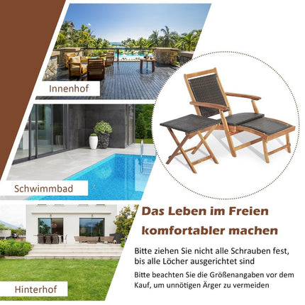 2-piece garden furniture set consisting of a chair with extendable footrest and side table made of brown acacia wood