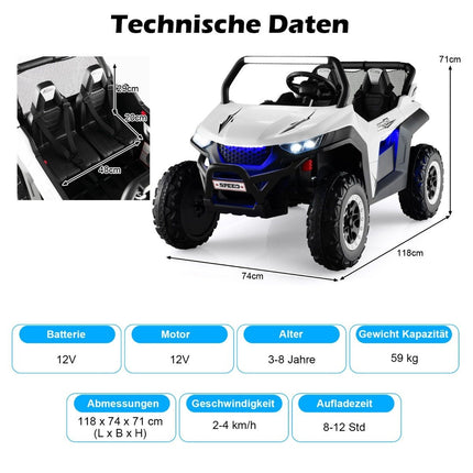 2-seater 12V children's car with music and headlights 118 x 74 x 71 cm-White