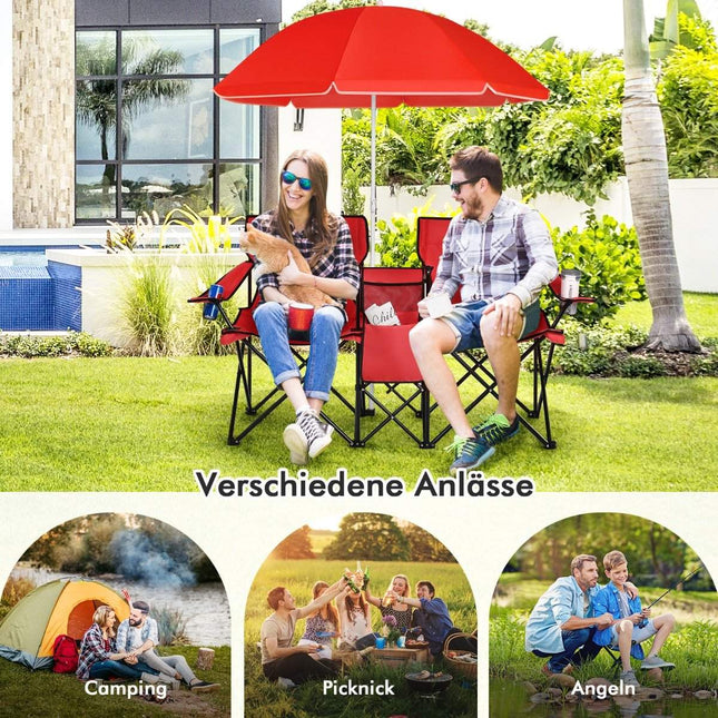 2-seater camping chair with parasol folding fishing chair with carry bag red