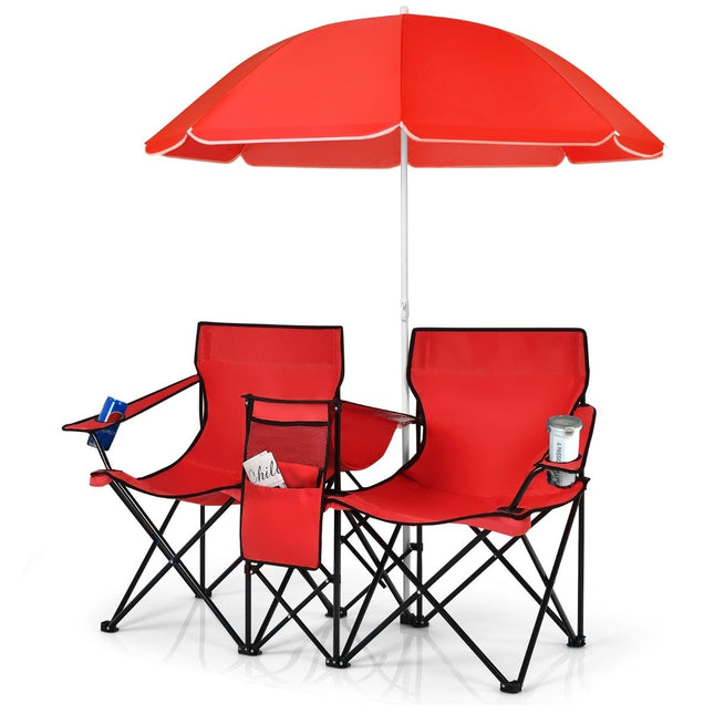 2-seater camping chair with parasol folding fishing chair with carry bag red