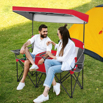 2-seater camping chair with sun protection mini table folding fishing chair with carry bag 166 x 71 x 151 cm red