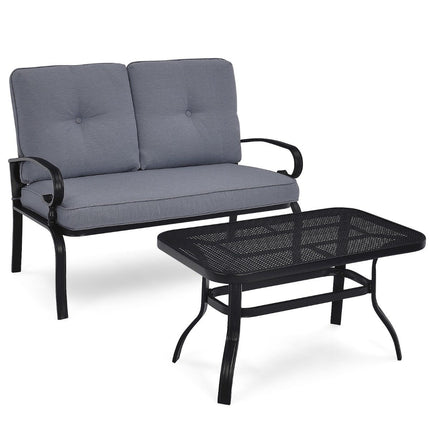 2-seater garden bench with coffee table bench with cushions gray & black