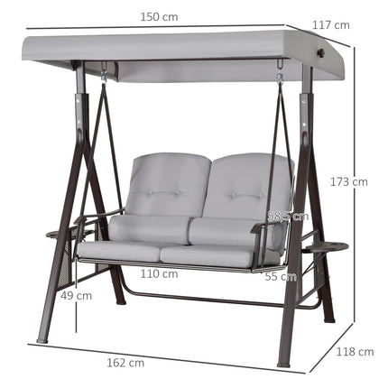 2-seat garden swing with canopy and cushions, gray metal