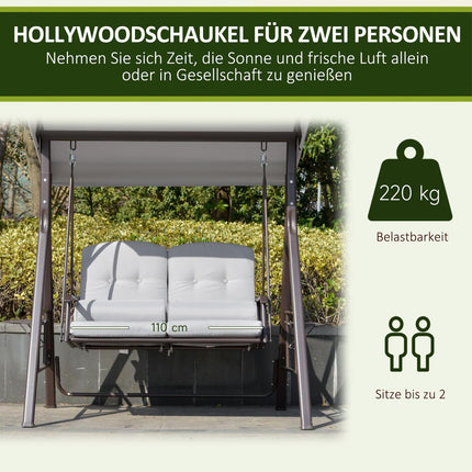 2-seat garden swing with canopy and cushions, gray metal
