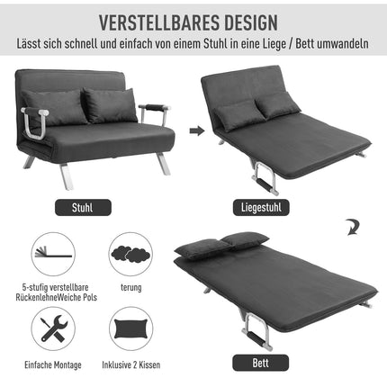 Gray 3-in-1 sofa bed, imitation suede, 2-seater with armrests
