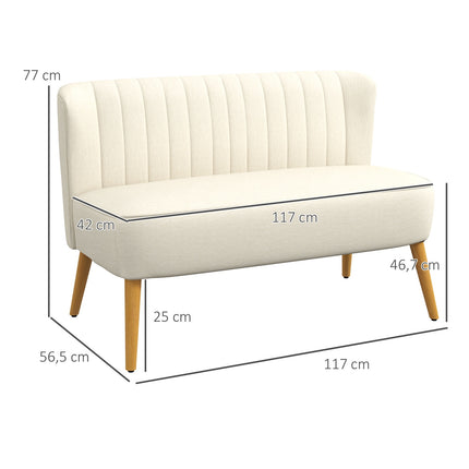 Cream white 2-seater sofa with wooden legs, linen look