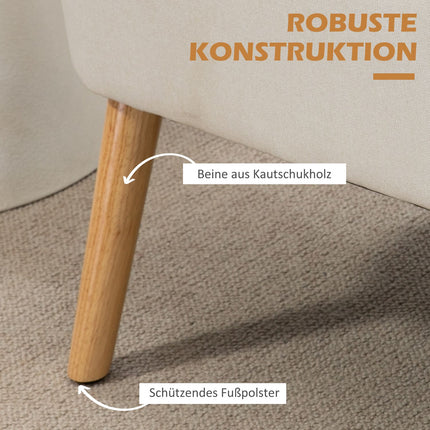 Cream white 2-seater sofa with wooden legs, linen look