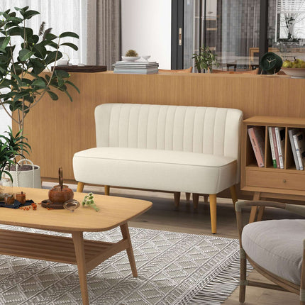 Cream white 2-seater sofa with wooden legs, linen look