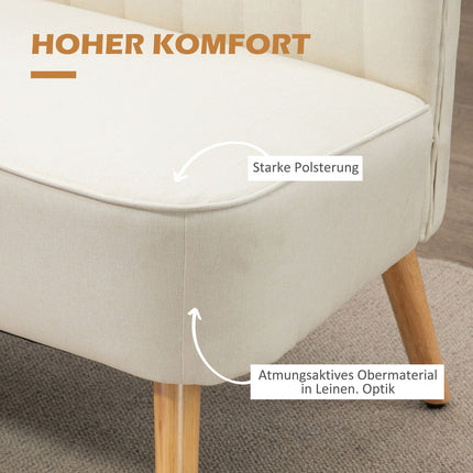 Cream white 2-seater sofa with wooden legs, linen look