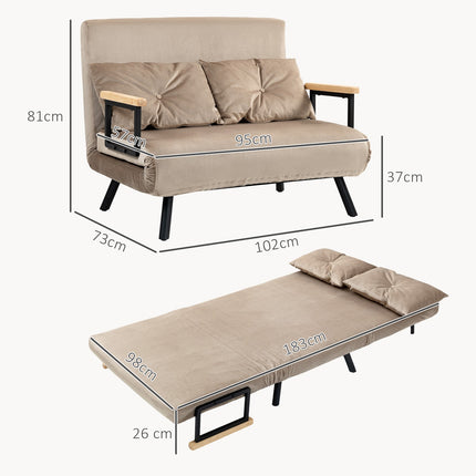 2-seater velvet sofa bed, adjustable backrest, light brown