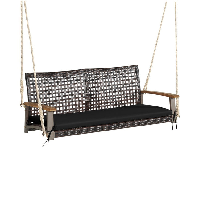 2-seater swing bench with cushions PE rattan hanging bench up to 360 kg garden swing black