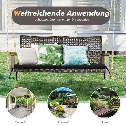 2-seater swing bench with cushions PE rattan hanging bench up to 360 kg garden swing black