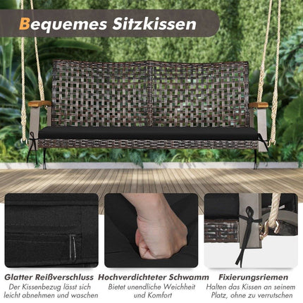 2-seater swing bench with cushions PE rattan hanging bench up to 360 kg garden swing black