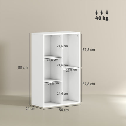 Two-Tier Bookshelf, 5 Compartments, White Particleboard