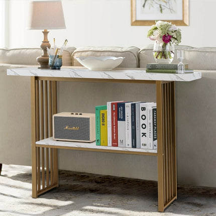 2 tier console table with marble look 120 x 29.5 x 92.5 cm white & gold