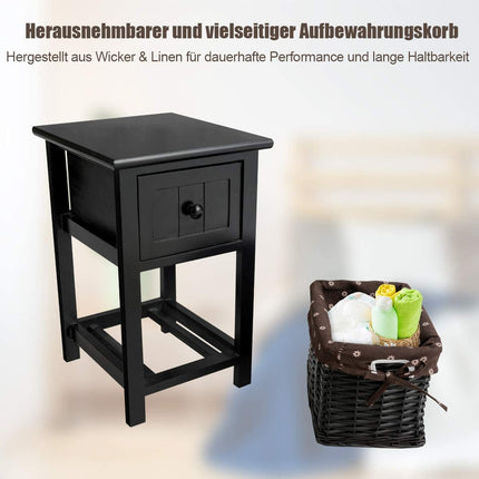 2-tier wooden bedside table with drawer and basket side table with shelf 31 x 28 x 45 cm black