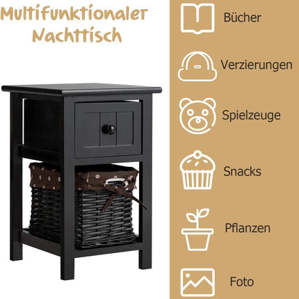 2-tier wooden bedside table with drawer and basket side table with shelf 31 x 28 x 45 cm black
