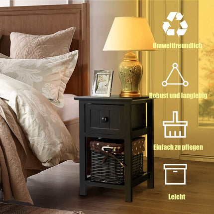 2-tier wooden bedside table with drawer and basket side table with shelf 31 x 28 x 45 cm black