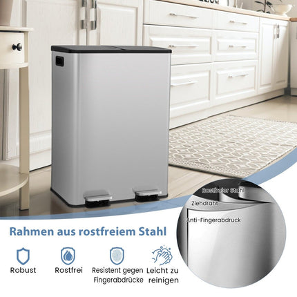 2 x 30L trash can with 2 compartments & soft closing lid & 2 deodorizing compartments silver