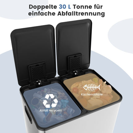 2 x 30L trash can with 2 compartments & soft closing lid & 2 deodorizing compartments silver
