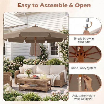 300 cm Brown Patio Umbrella with Tilt and Wood Pole