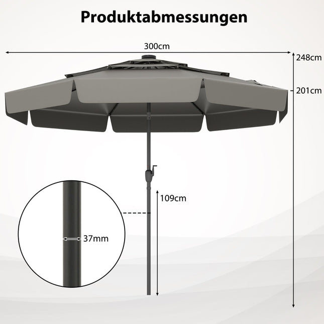 300 cm Patio Umbrella with Solar LED Lights, Grey
